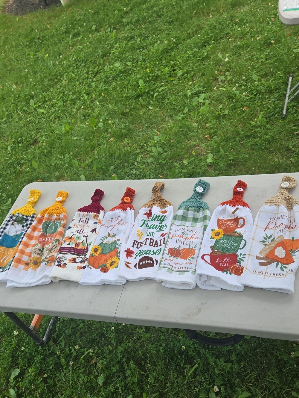 Set of 9 Fall Kitchen Hanging Towels with Crochet Tops